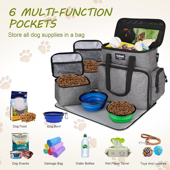 Dog Travel Bag Airline Approved–Pet Travel Tote with Collapsible Bowls,Food Containers & Feeding Mat–Multi-Pocket Organizer for Dogs & Cats, Durable & Water-Resistant for Hiking,Trips,Outdoors