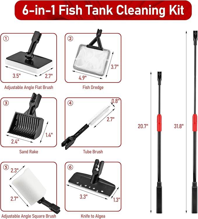 6 in 1 Aquarium Cleaning Tool Kit Fish Tank Algae Scraper, Sponge Pad, Fish Net, Gravel Rake and Cleaning Brush with Telescopic Long Handle