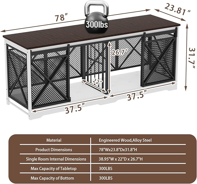 COZPAW 78 Inch Double Dog Crate Furniture, Extra Large Dog Kennel Indoor for Medium Large 2 Dogs, Heavy Duty Dog Cage Chew-Resistant Steel and Wooden Pet House with Removable Divider (White Brown)