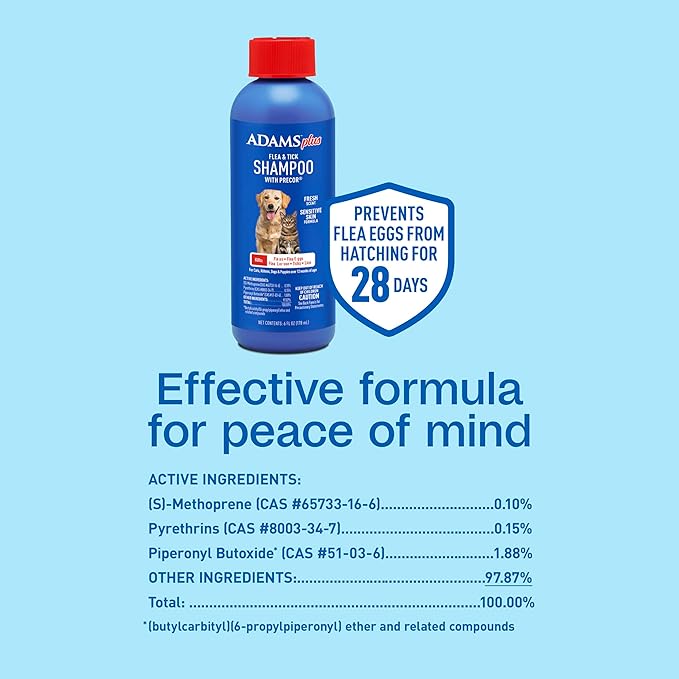 Adams Plus Flea & Tick Shampoo with Precor for Cats, Kittens, Dogs & Puppies Over 12 Weeks Of Age |Sensitive Skin Flea Treatment for Dogs & Cats |Kills Adult Fleas, Flea Eggs, Ticks, and Lice |6 Oz