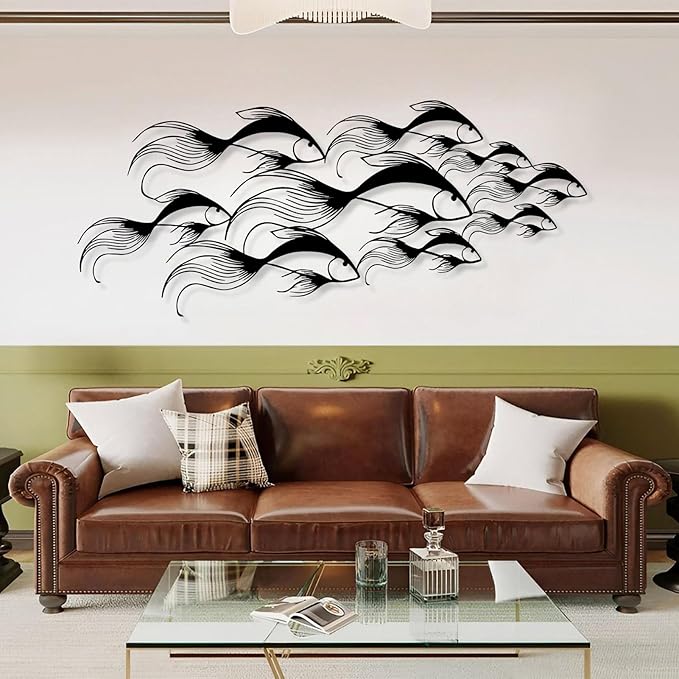 School of Fish Metal Wall Art, Metal Fish Wall Decor, Sea Life Wall Art, Large Nautical Wall Hanging, Modern Beach House Wall Decor, Ocean Themed Artwork for Bathroom (Gold, 30"x12" | 76x32cm)