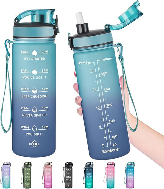 Enerbone Water Bottle, Leakproof BPA & Toxic Free, Motivational Water Bottle with Times to Drink and Straw, Fitness Sports Water Bottle with Strap for Office, Gym, Outdoor Sports