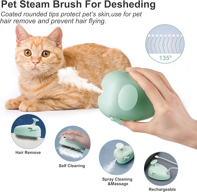 Cat Steam Brush for Shedding,Self Cleaning Cat Brush with Steam,Rechargeable Pet Steam Brush,Mist Brush Comb for Indoor Cats,Cat Hair Brush,Steamy Cat Brush for Short&Long Haired Pets.(Green)
