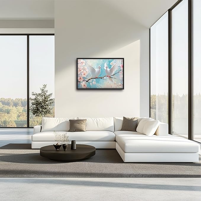 Large White Dove Flower Wall Art for Living Room, Framed Oversized Pigeon Cherry Blossom Wall Decor Nature Canvas Painting Modern Artwork for Living Room Bathroom Bedroom Office Dining Room 36"x24"