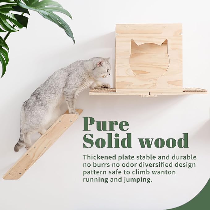 Cat Wall Shelves Set – Wall Mounted Cat Furniture with House, Sisal Mat, Scratching Posts & Perches – Indoor Climbing Shelves for Large Cats