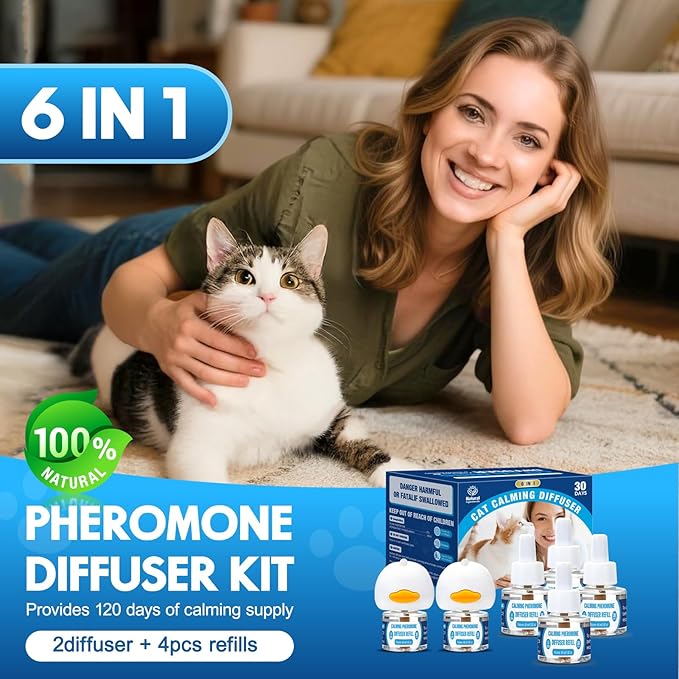 Cat Calming Pheromones Diffuser: 6-in-1 Kit Cat Appeasing Pheromone Diffuser to Calm (2 Plugin+4x48ml Refills) for Comfort Reduces Stress Anxiety, Long-Lasting Appeasing Pheromone for Pet Cat (6in1)