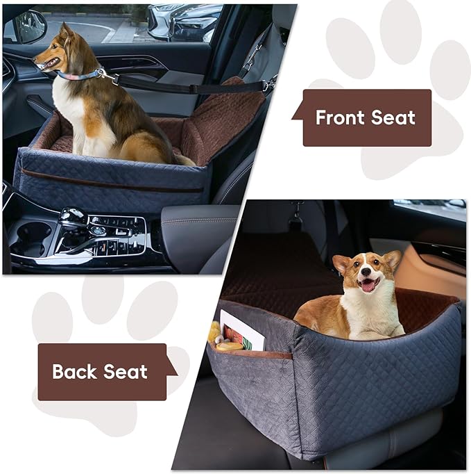 Dog Car Seat for Small Medium Dogs, Soft Fabric Dog Booster Seat with Storage Pockets, Safety Belt, Comfy Pet Car Seat Travel Bed, Removable and Washable