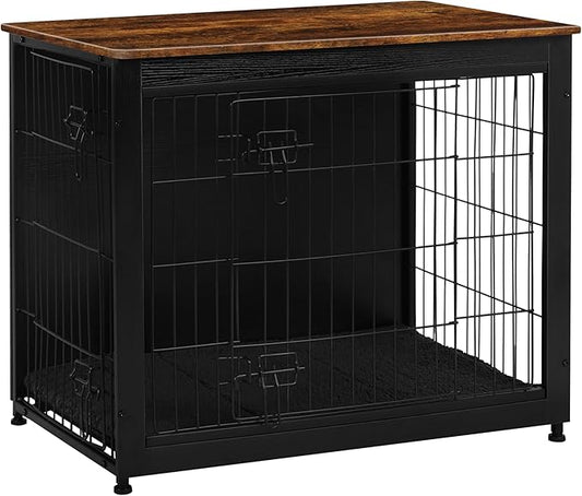 DWANTON Dog Crate Furniture with Cushion, Wooden Kennel Table with Double Doors, Indoor Dog House, Medium Size, 32.5" L, Black+Rustic Brown