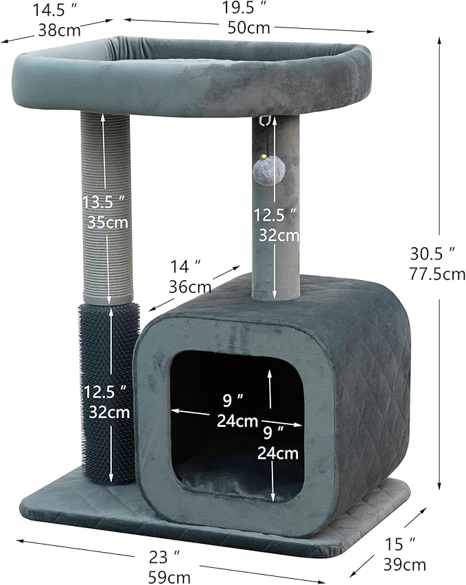 Catry 30" High 3 Level Modern Cat Tree with Large Base Condo,Removable Washable Top Bed, Recycled Paper Scratching Post, Self Grooming Brush, for Small Medium Cat(Dim Gray)