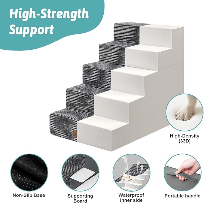 Dog Stairs for Small Dogs, 5 Tier Removable Wider Pet Stairs for Couch and Bed, 23.6" H Non-Slip Dog Steps for Puppies and Old Cats with Support Board, 29.5x19.7x23.6 inch, Dark Grey
