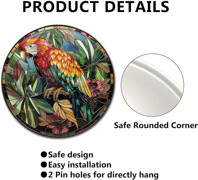 Lygond Metal Sign Tin Sign Circular Stained Glass Parrot Bar Signs for Home Bar for Patio 8×8 Inches