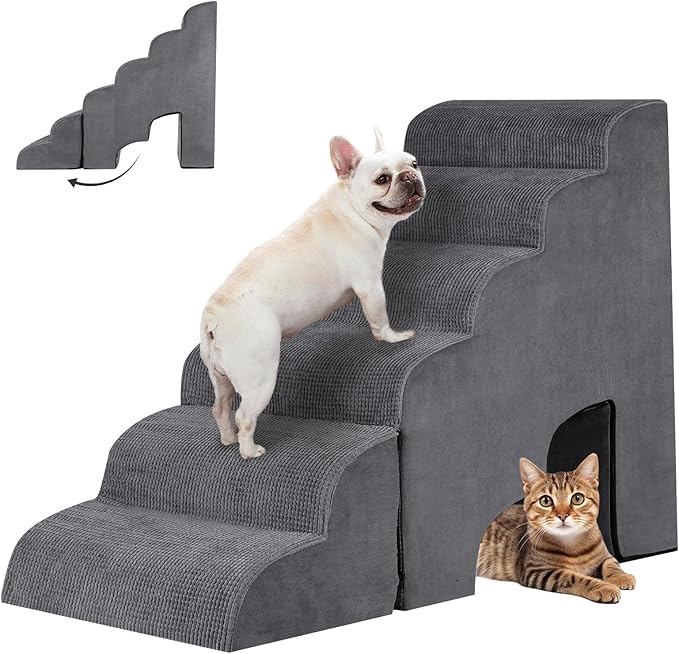 6 Step Dog Stairs&Steps 29 Inches Tall Up to 29-32 Inches High Bed, Dog Ramp Cat Stairs Pet Ladder for Small Medium Dogs, Doggie, Old Cats, Kitty, Grey