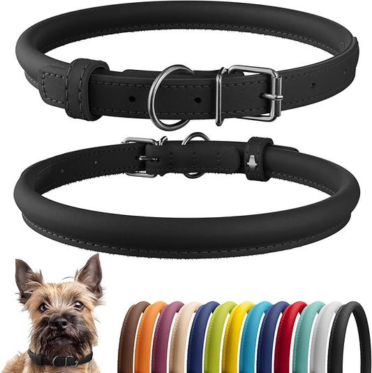 CollarDirect Rolled Leather Dog Collar, Soft Padded Round Puppy Collar, Handmade Genuine Leather Collar Dog Small Large Cat Collars 13 Colors (6 Inch, Black Smooth)