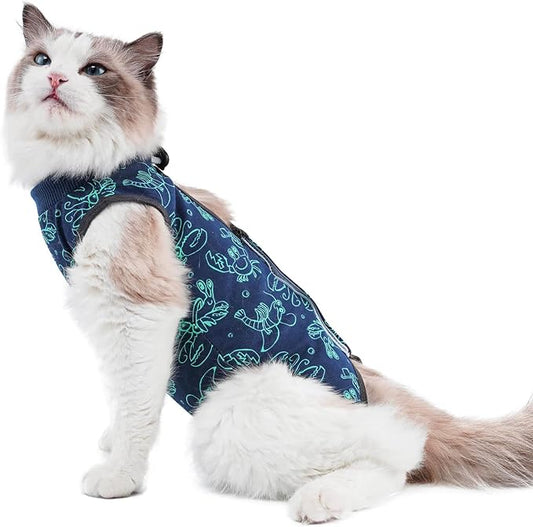 Cat Surgery Recovery Suit Cat Onesie for Cats After Surgery for Surgical Abdominal Wound Or Skin Diseases E-Collar Alternative Wear Neutering Bodysuit Wear (Dark-Blue-S)