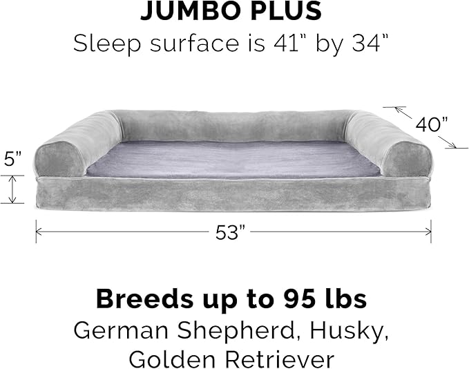 Furhaven Orthopedic Dog Bed for Large Dogs w/ Removable Bolsters & Washable Cover, For Dogs Up to 125 lbs - Faux Fur & Velvet Sofa - Smoke Gray, Jumbo Plus/XXL