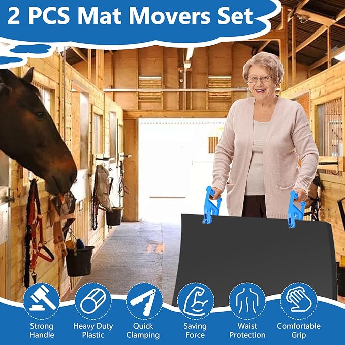 2 Piece Mat Movers Set, Heavy Duty Rubber Mat Grippers for Horse Stalls, Gym, Barn, Trailer, Stall Mat Handlers with Strong Handle and Plastic Teeth, Effortless Mat Puller for Tack Room, Barn