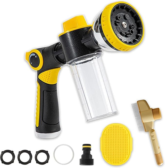 Dog Washing Hose Attachment, 10-in-1 Soap Sprayer Moden Garden Hose Nozzle with 100cc Soap Dispenser, Dog Wash Supplies with Dog Bath Brush & Pet Comb, Foam Gun Car Wash Sprayer (Yellow)