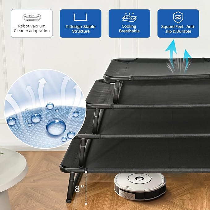 Cooling Elevated Dog Bed, Raised Outdoor Dog Bed Waterproof Pet Beds Cots Stable and Easy Assembly, Teslin Fabric with 1.2mm Thick Iron Frame, Breathable, Ultra-Sturdy，Black,32 * 25.2 * 7.1