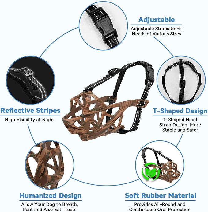 Dog Muzzle for Large Dogs, Breathable Basket Muzzles for Small, Medium and X-Large Aggressive Dog, Allows Panting Drinking, Suitable for Grooming Trimming Training (Camouflage Brown, L)