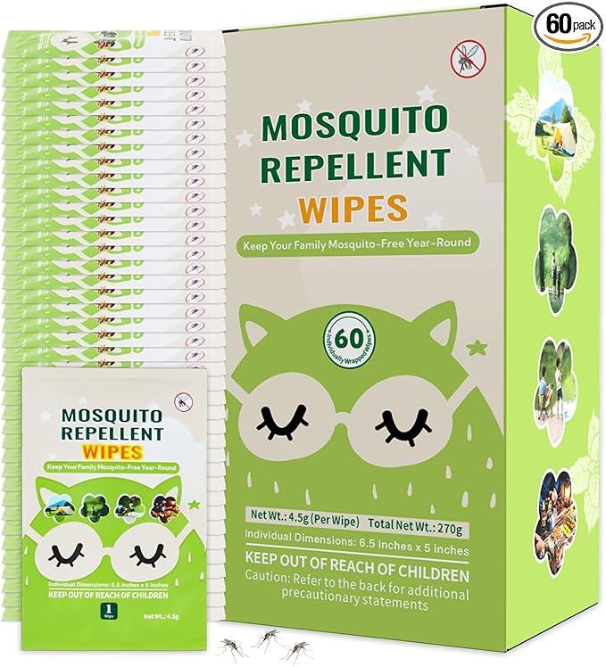 60 PCS Mosquito Repellent Wipes, Individually Wrapped Insect Repellent Wipes Made of Natural Plant-Based Essential Oils, Safe & Effective Insect Protection Perfect for Outdoor Activities, Long-Lasting