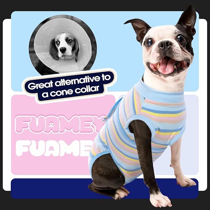 FUAMEY Recovery Suit for Dogs After Surgery,Soft Breathable Dog Bodysuit E-Collar & Cone Alternative Surgical Suit,Male Female Dog Neuter Spay Suits Anti Licking Wounds Onesie Blue Yellow Stripes XL