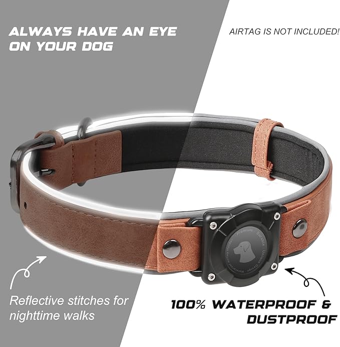 AirTag Dog Collar - Leather Dog Collar with Air Tag Holder | IPX8 Waterproof, Reflective, High - End, Adjustable Soft Padded | Dog GPS Tracker Collars Fit for Medium Large Dogs (Mahogany Brown, L)