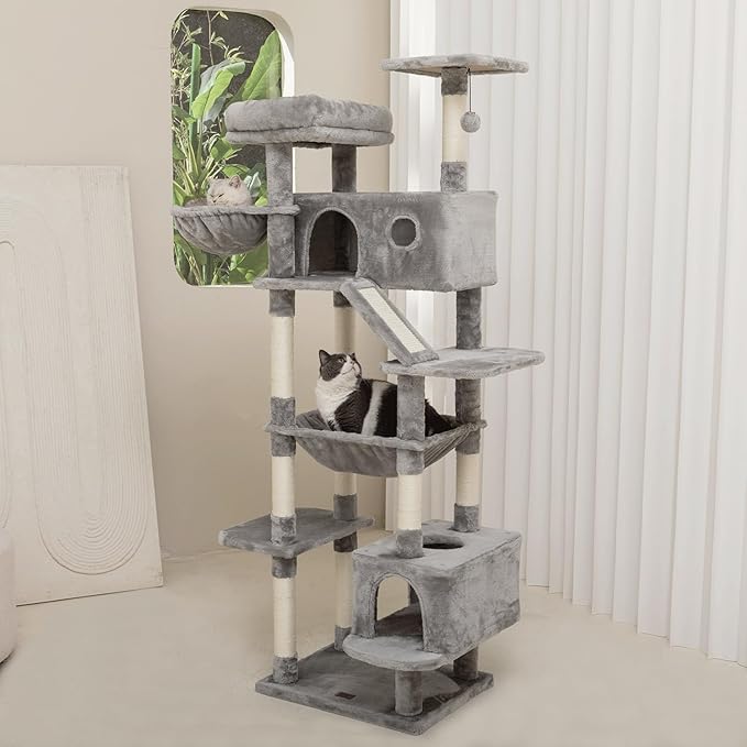 73 inches Large Cat Tree for Indoor Cats, Tall Cat Tower with Sisal Scratching Posts and Pads, Padded Plush Perch, Cozy Basket, Plush Condo for Large Cats (Grey)