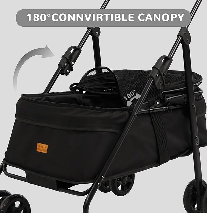 4 Wheels Pet Stroller,One-Click Folding Portable Folding Dog Cat Stroller,Sunshade, Storage Bag, Waterproof Oxford Fiber，Breathable and Visible Mesh for Small/Medium Pets up to 33 lbs,Black ﻿