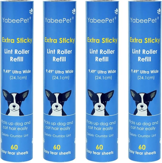 9.49'' Extra Sticky Large Lint Roller Refills, 4-Pack Giant Roller Refills for Carpets, Couch, Floor, Clothing, and Pet Hair Cleaning, 60 Sheets per Roll (240 Sheets Total)