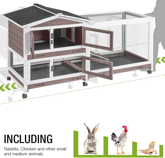 GUTINNEEN Rabbit Hutch with Chew-Resistant Ramp Indoor Bunny Cage Outdoor Guinea Pig Cage with Wheels and Leakproof Tray