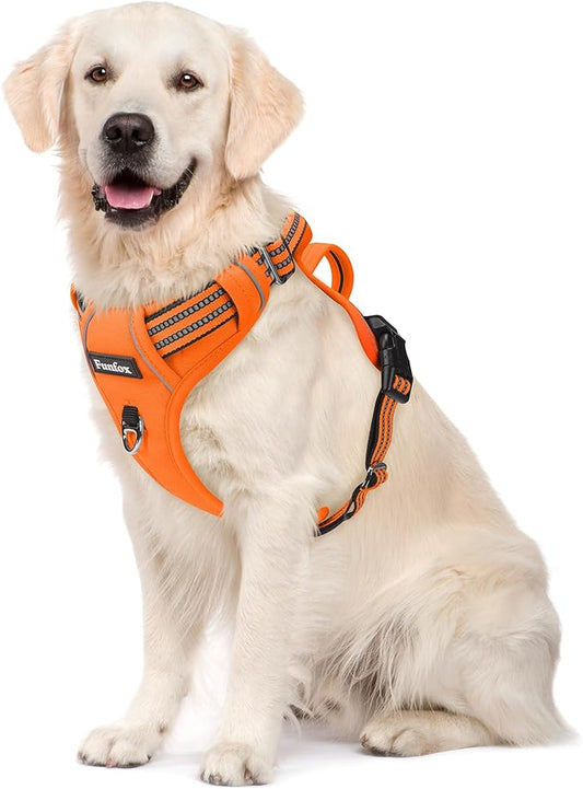Funfox Dog Harness No Pull, Adjustable Pet Vest Harness, Super Soft Material with Vertical Handle Easy Control, Reflective Night Walking, 2 Leash Clips for Large Dogs, Orange, L