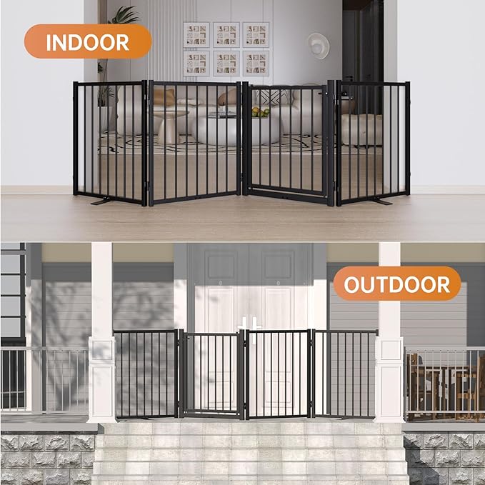 Full Metal Freestanding Dog Gate with Door, 24'' Height Foldable Pet Dog Fence for Indoor & Outdoor, 6 Panels Extra Wide Free Standing SmallDog Gates for Doorways,House,Stairs,Porch,Deck,Yard