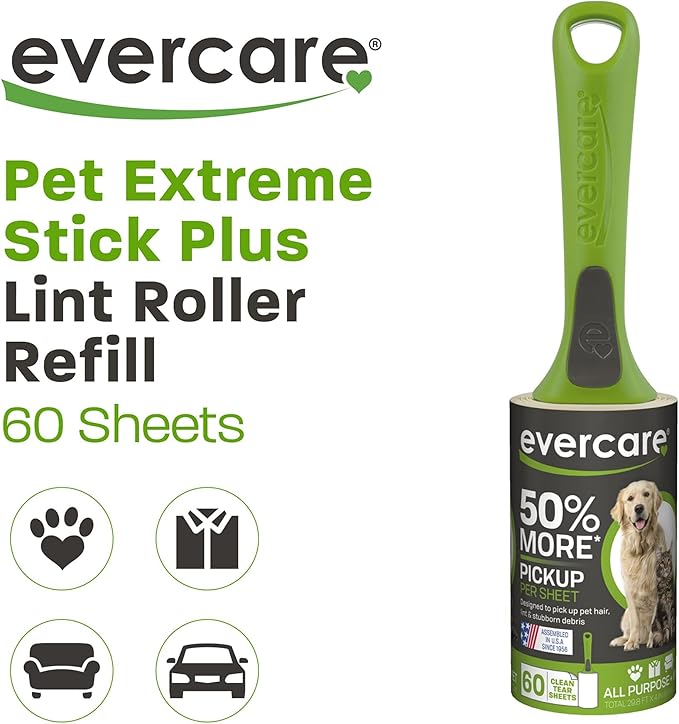 Evercare Giant Extreme Stick Lint Roller Brushes with 60 Easy-Peel Sheets, Pack of 5 Refillable Lint Rollers for Hair and Debris (300 Sheets Total)