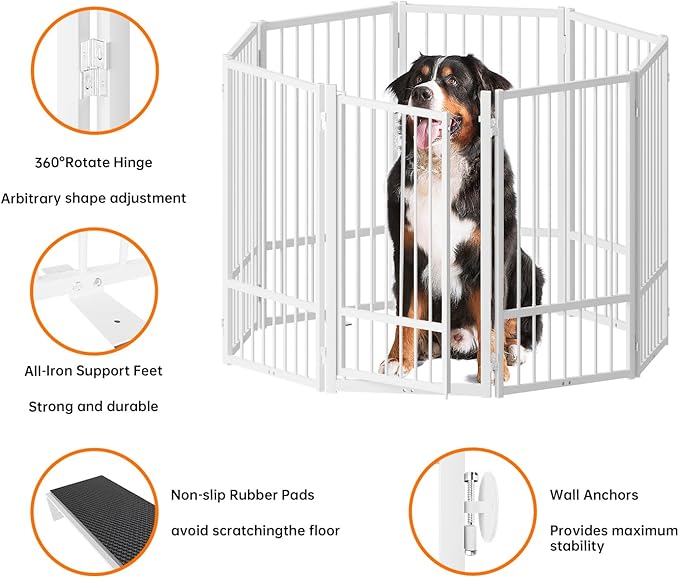 Full Metal Freestanding Dog Gate with Door, 32''Height Foldable Pet Dog Fence for Indoor & Outdoor, 8 Panels Extra Wide Free Standing TallDog Gates for Doorways,House,Stairs,Porch,Deck,Yard