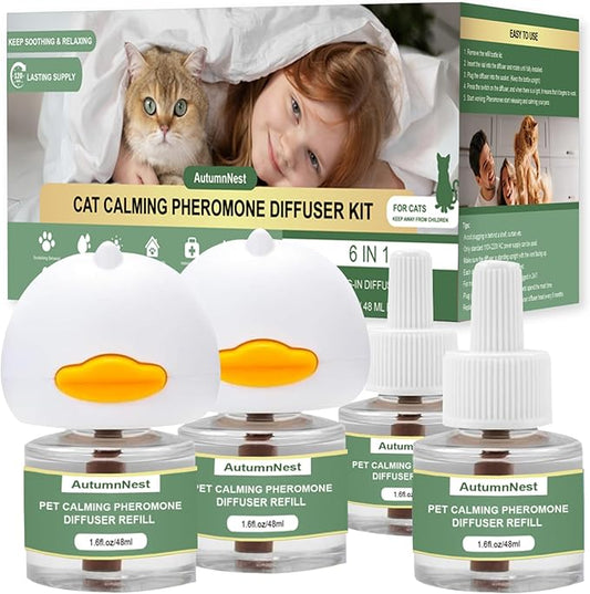 Cat Calming Pheromone Diffuser Set, Pet Calming Plug-in Kit (2 Diffusers + 4 Refills), Reduces Cat Stress, Aggression, Fighting, Marking, Meowing, Travel, Vet Visit Anxiety, 120 Days, Non-Toxic, Safe