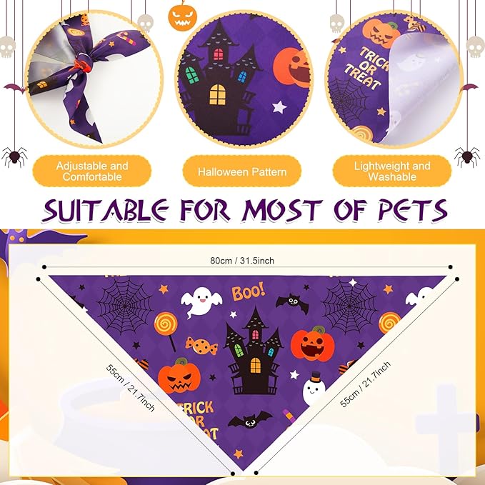 Abbylike 50 Pcs Halloween Dog Bandanas Bulk Pumpkin Bandanas for Dogs Triangle Kerchief Bibs Scarf Set for Pet Halloween Costume Photo Props Accessories Pet Shops, 25 Styles (31.5 x 21.7 x 21.7")