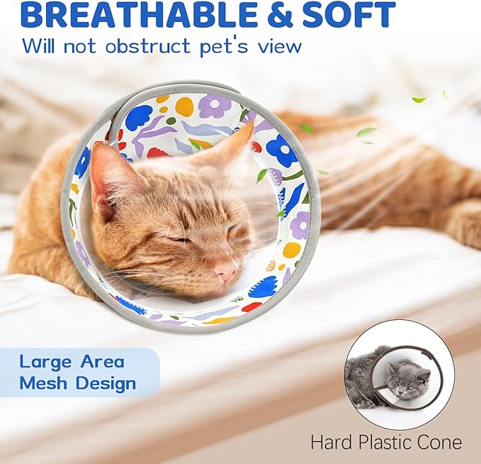 Breathable Air Mesh Cat Cone Collar Soft to Stop Licking, Adjustable, Foldable Lightweight Kitten Cones After Surgery Recovery for Cats & Kittens (Flower,M)