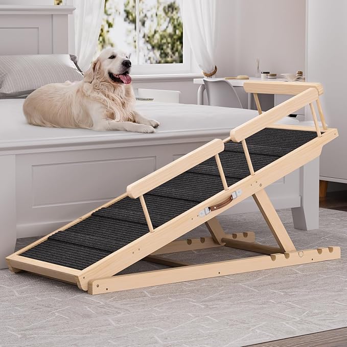 Dog Ramp for High Bed, Couch, Car, Pet Ramps 55.12" Long Adjustable 19.7"-27.6" Wooden Dog Step with High Traction Mat & Safety Side Rails for Small Medium Large Older Pets, up to 250 lbs