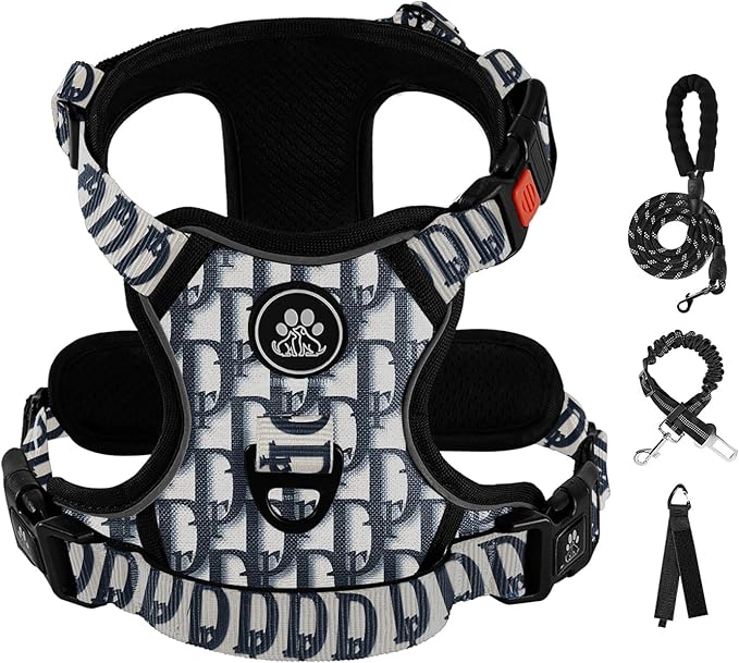 IVY&LANE No Pull Dog Harness with Leash Set, Reflective No Choke Pet Vest,Adjustable Oxford Dog Vest Harness with Easy Control Handle for Large Dogs (Vintage Blue,L)