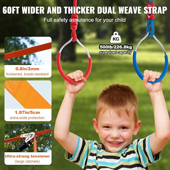VEVOR Ninja Warrior Obstacle Course for Kids, 2 x 60 ft Weatherproof Slacklines, 500lbs Weight Capacity Monkey Line, Outdoor Playset Equipment, Backyard Toys Training Equipment Set with 14 Obstacles