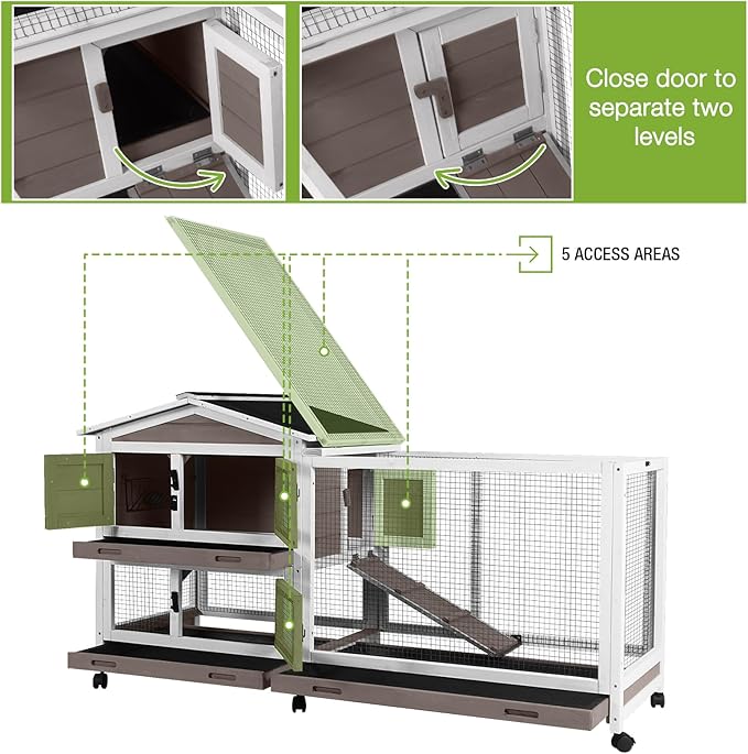 GUTINNEEN Rabbit Cage Indoor Bunny Hutch with Chew-Proof Ramp - 2 Story Guinea Pig Cages Outdoor with 6 Wheels, Leakproof Pull-Out Tray for Rabbits, Guinea Pigs (Brown)