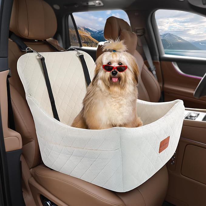 Dog Car Seat for Medium Dogs,Easy to Install with Adjustable Straps,Anti-Slip Bottom,Fully Detachable and Washable,Soft Fabric Fill in Memory Foam,Two Side Pockets(Beige,Medium)