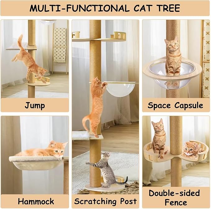Cat Tree Floor to Ceiling,Cat Tree Height Adjustable from Floor to Ceiling（92“-114”）, Tall Climbing Tree, Equipped with Scraping Pillars, Comfortable Bed, Observation Deck, Space Capsule