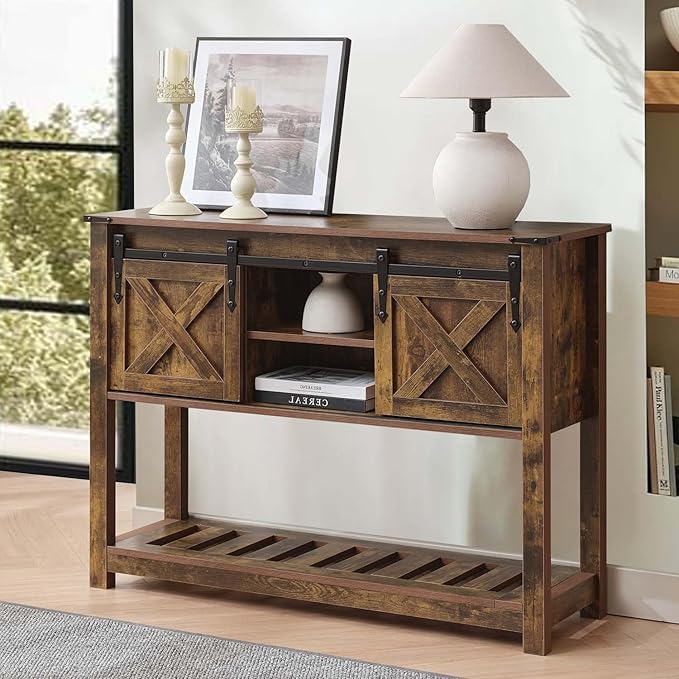 Entryway Table with Storage, Farmhouse Buffet Cabinet Coffee Bar Kitchen Island with Sliding Barn Doors & Shelves, Console Table for Kitchen, Dining Room, Living Room, Brown