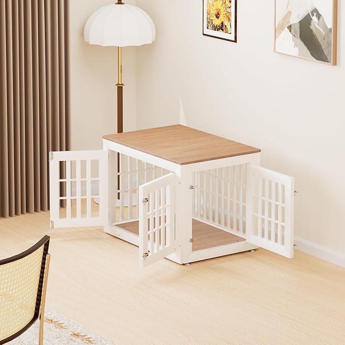 32" Heavy Duty Dog Crate Furniture for Small,Medium and Large Dogs,Rustic Wooden Dog Cage Kennel Indoor Furniture with Waterproof Top,Decorative Pet House Side End Table (White & Wood)