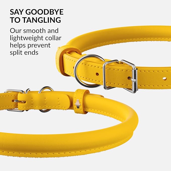 CollarDirect Rolled Leather Dog Collar, Soft Padded Round Puppy Collar, Handmade Genuine Leather Collar Dog Small Large Cat Collars 13 Colors (18-22 Inch, Yellow Smooth)