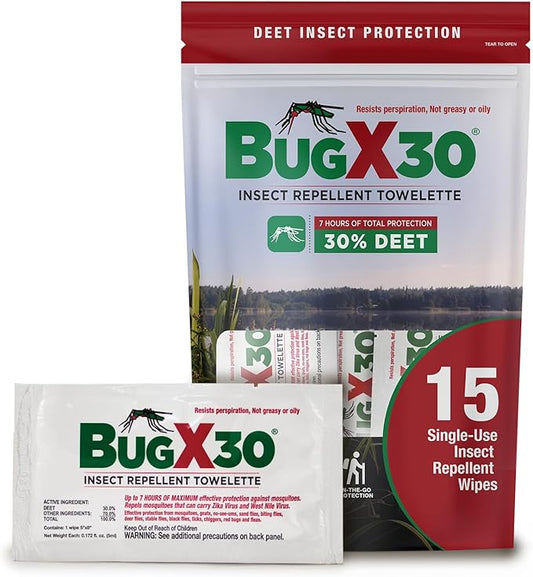 CoreTex Bug X 30 Mosquito, Tick, & Insect Repellent Wipes (30% DEET) with Resealable Travel Bag - Pack of 15 Single-Use Bug Repellent Wipes for Up to 7+ Hours of Protection Against 12 Types of Insects