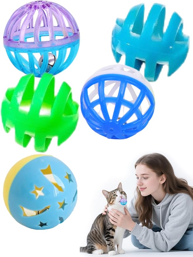5-Piece Cat Toy Balls with Bells for Kittens and Indoor Cats, Over The Moon(1.5'', Basic Cat Toy Set)