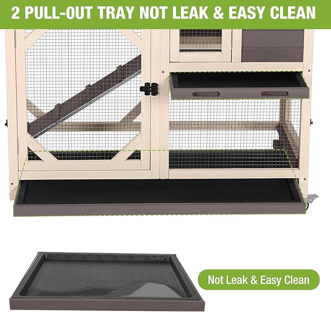 GUTINNEEN Rabbit Hutch Indoor Mobile Bunny Cage with Run Wooden 2 Story Guinea Pig Cage Outdoor for Small Animals with Wheels,Two Deeper No Leak Trays(Brown)