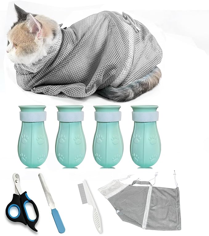 8 Piece Cat Grooming Supplies ，Adjustable Multifunctional Anti-Bite Shower net Bag，Cat Claw Covers，Cat Bath Brush and Cat Nail Clipper(Grey-B)